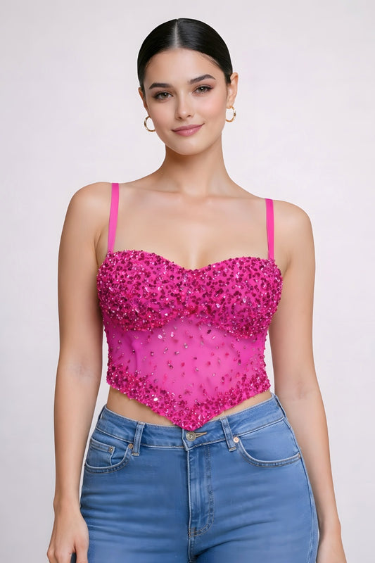 SEQUIN BEADED CRYSTAL STONE EMBELLISHED CORSET CROP TOP