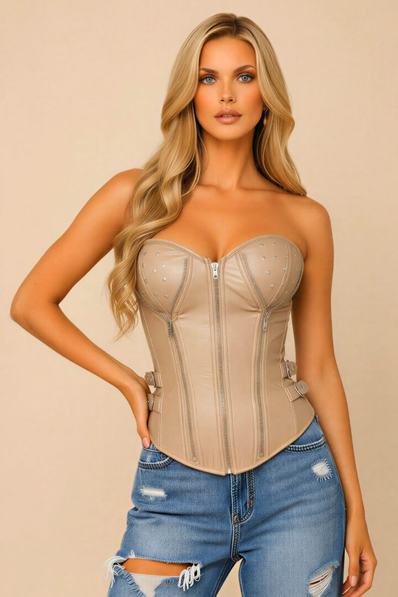 STUDDED OVERBUST ZIPPER CLOSURE BUCKLED CORSET