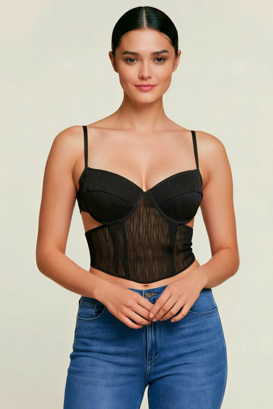 Textured Mesh Open Back Corset Top