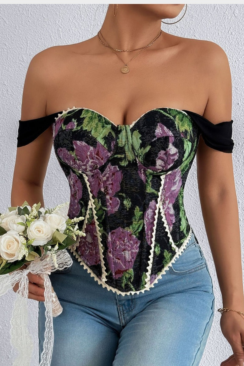 Off Shoulder Floral Jacquard Corset Top