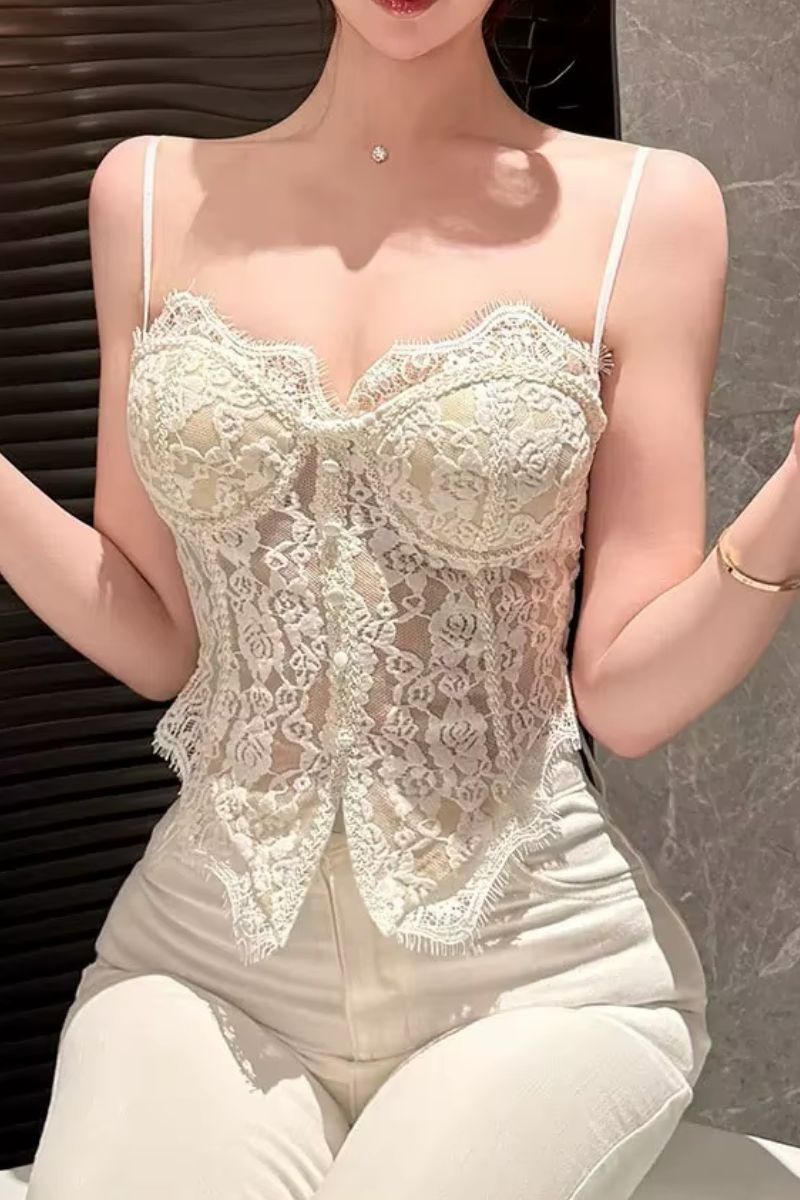 Floral Lace Smocked Back Corset Top