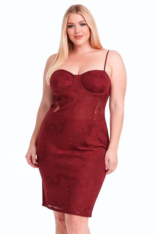Plus Floral Lace Bustier Midi Bodycon Dress