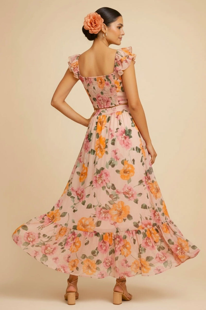 Floral Puff Sleeve Crop Top & Maxi Skirt Set