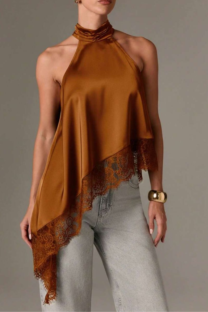 Satin Lace Trim Asymmetrical Top