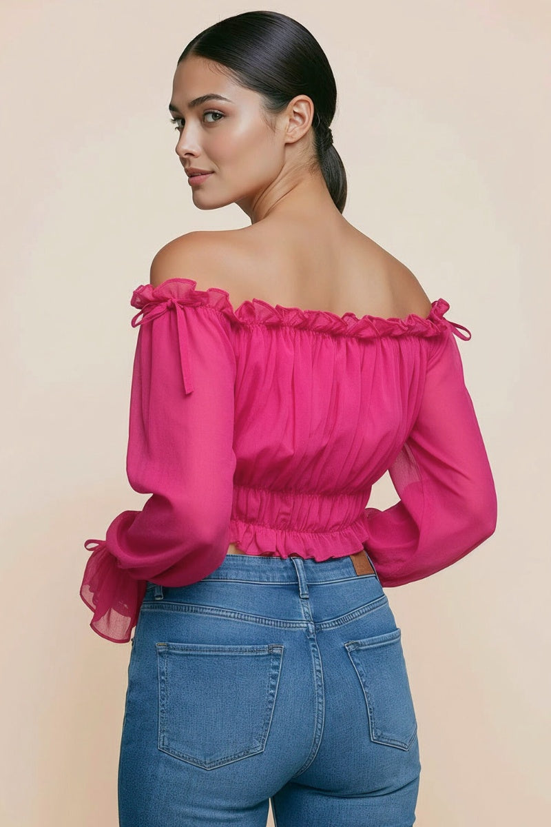 OFF SHOULDER RUFFLE TRIM KNOT SLEEVE CROP TOP
