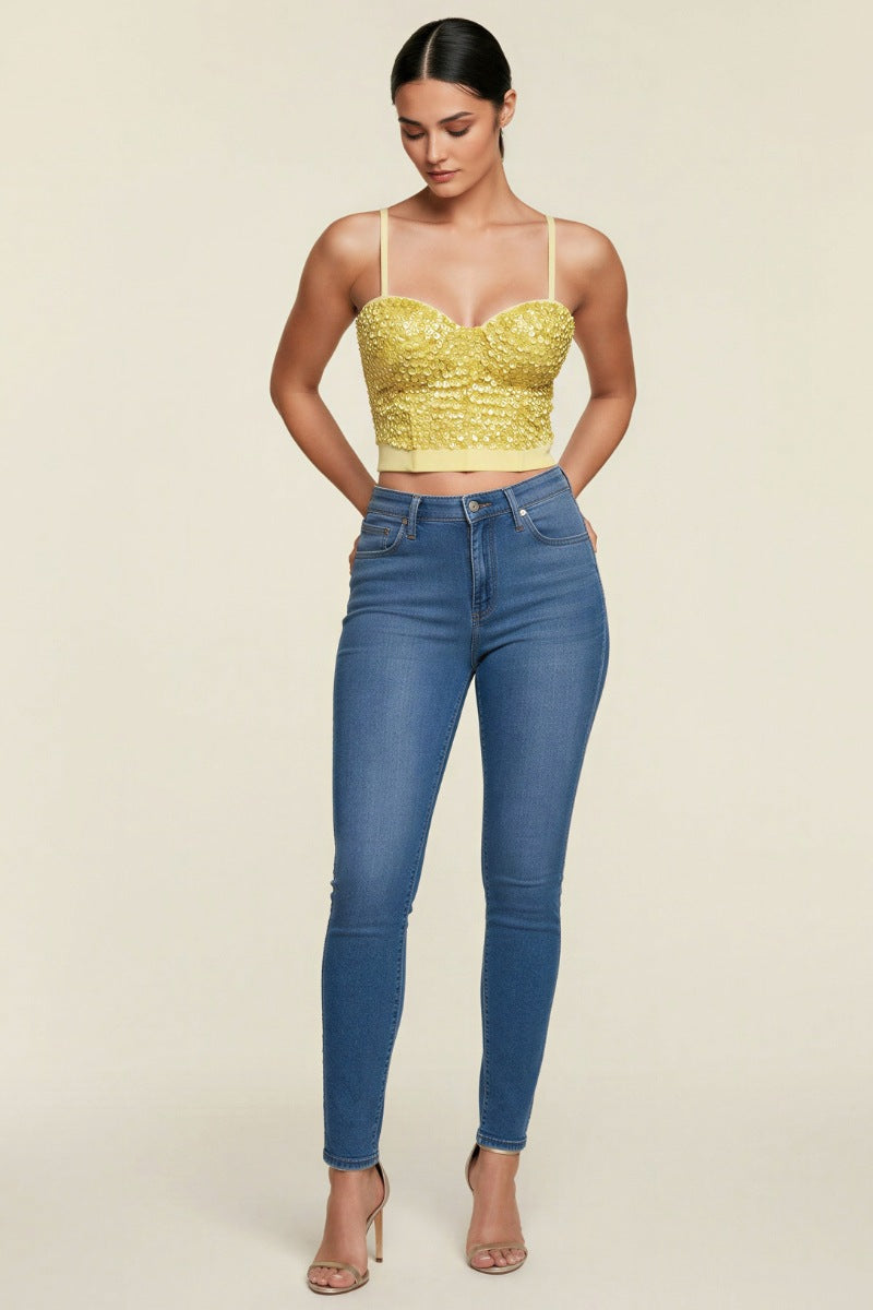 IRIDESCENT GREEN BLACK MERMAID SEQUIN BUSTIER CROP TOP_ D7122