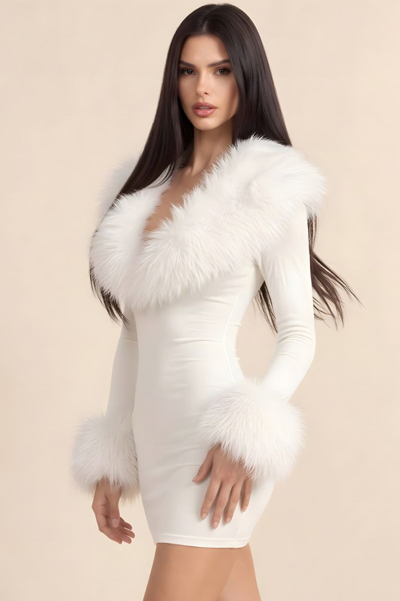 Luxe Faux Fur Plunging V-Neck Mini Dress