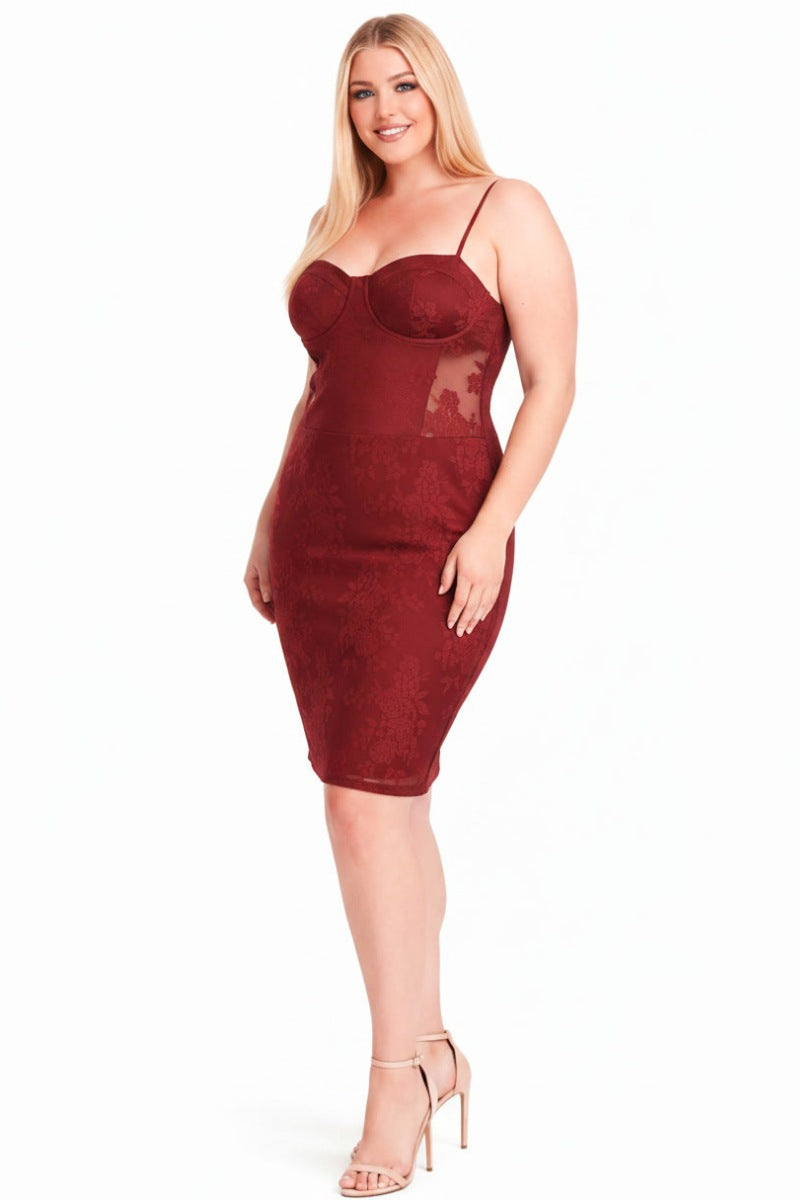 Plus Floral Lace Bustier Midi Bodycon Dress