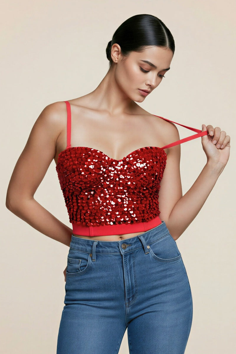 IRIDESCENT GREEN BLACK MERMAID SEQUIN BUSTIER CROP TOP_ D7122
