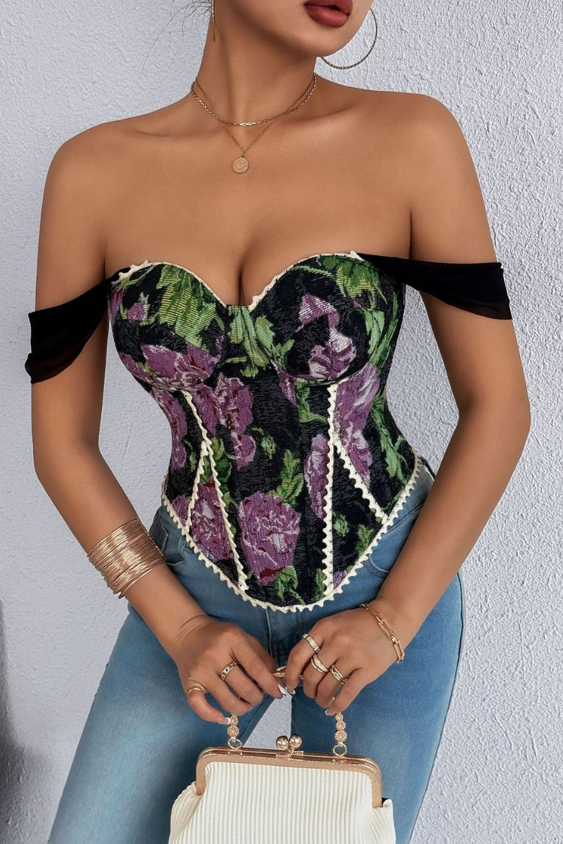 Off Shoulder Floral Jacquard Corset Top