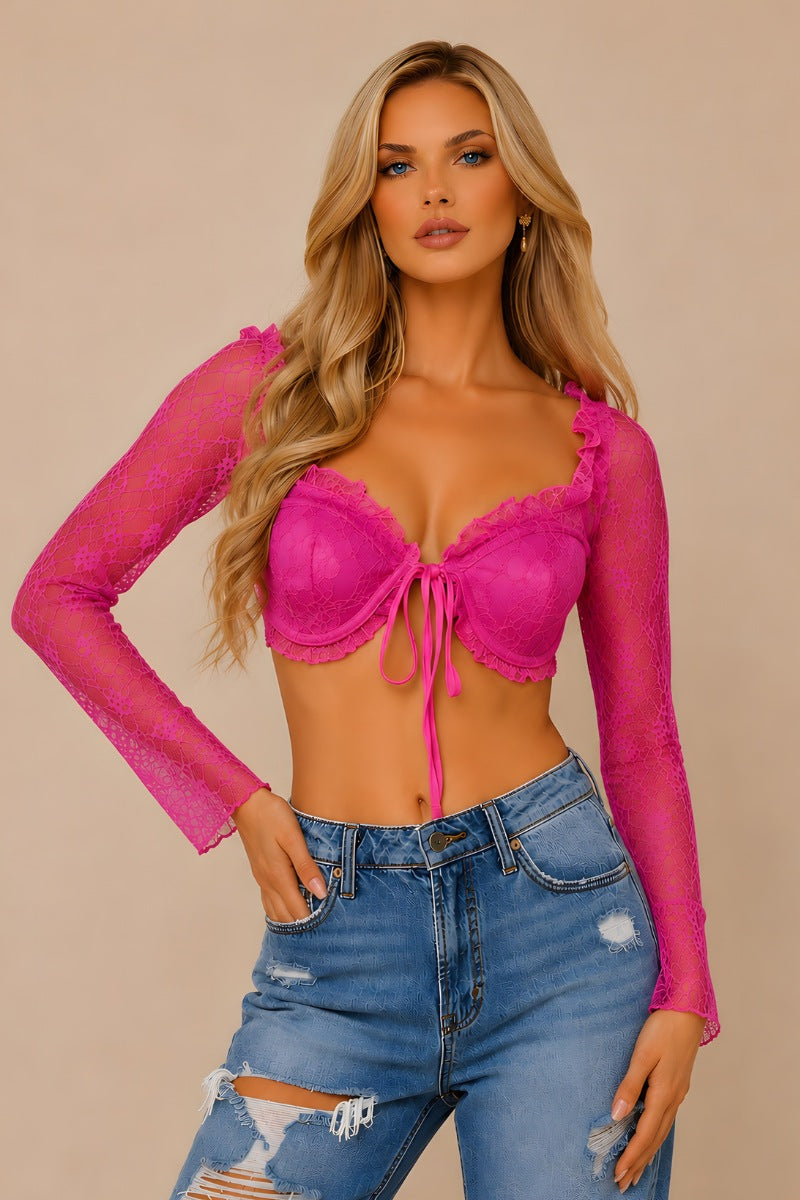 Sexy Lace Tie-Front Crop Top with Bell Sleeves