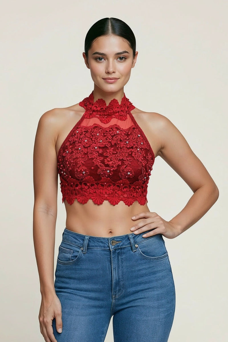MOCK NECK BEADED LACE CROP TOP_D7079