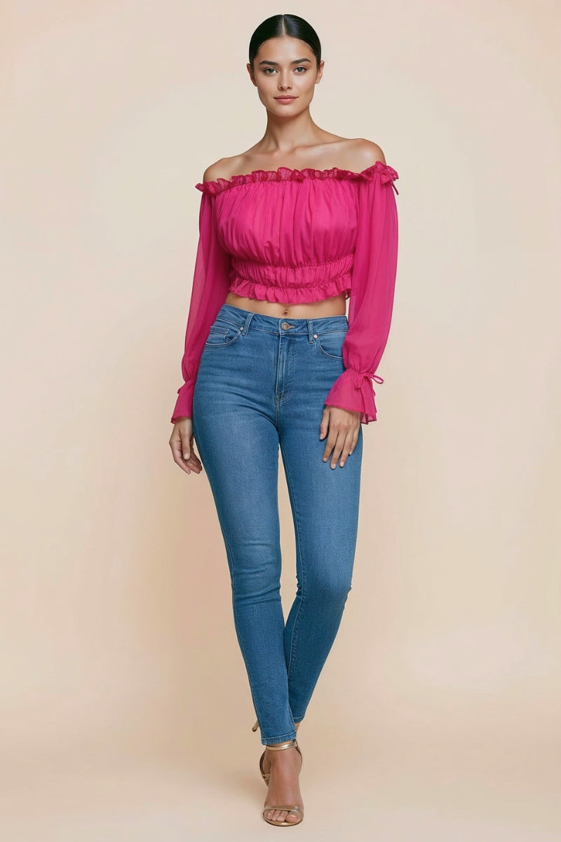 OFF SHOULDER RUFFLE TRIM KNOT SLEEVE CROP TOP