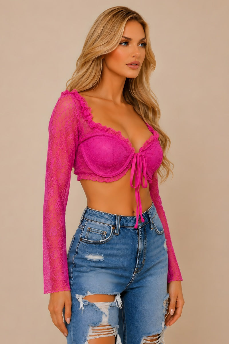 Sexy Lace Tie-Front Crop Top with Bell Sleeves