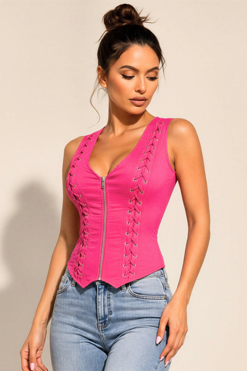 Lace-Up Zip Front Corset Tank with Open Back