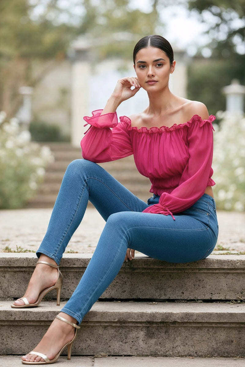 OFF SHOULDER RUFFLE TRIM KNOT SLEEVE CROP TOP