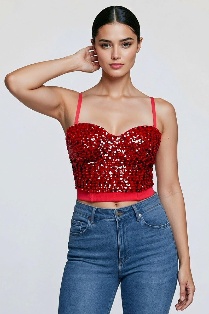 IRIDESCENT GREEN BLACK MERMAID SEQUIN BUSTIER CROP TOP_ D7122