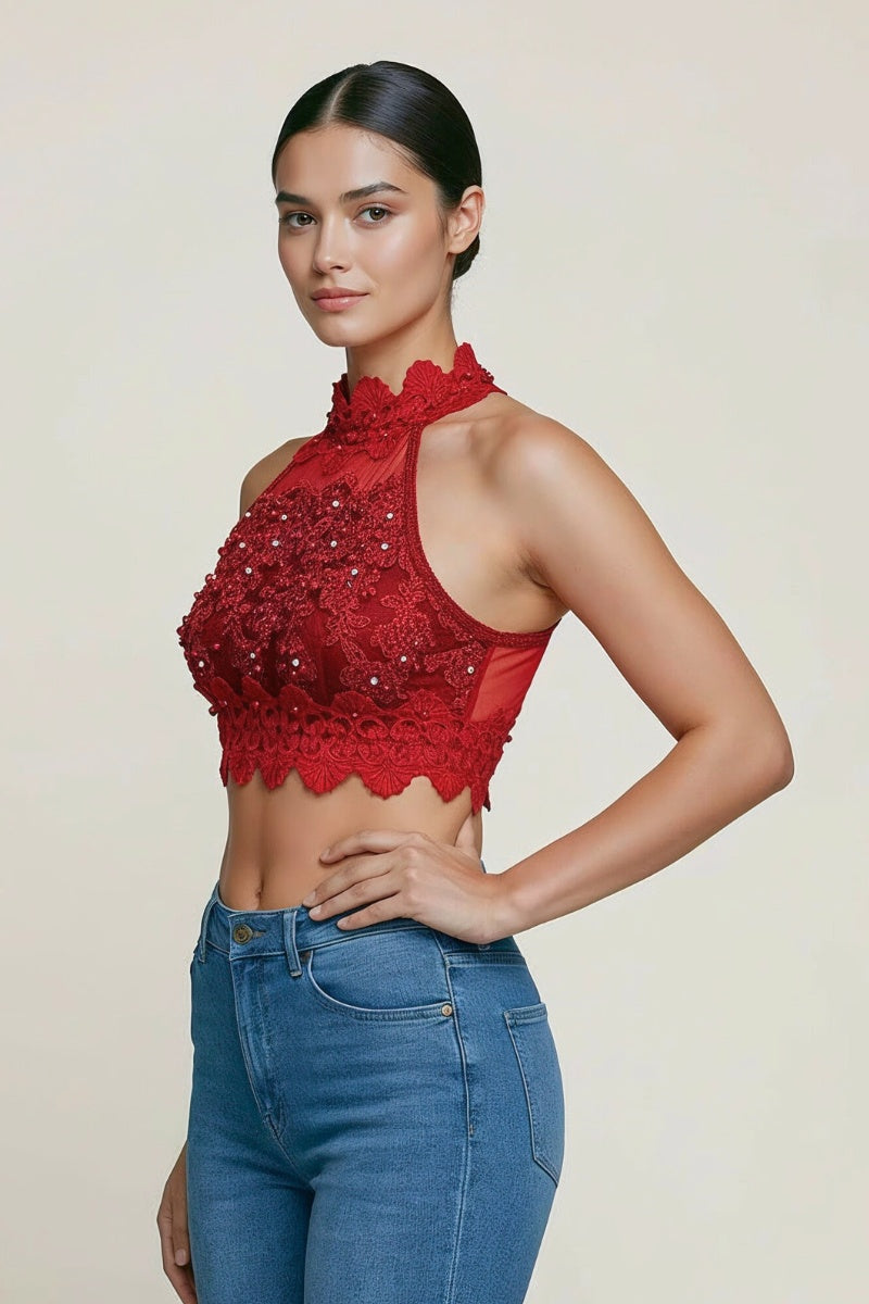 MOCK NECK BEADED LACE CROP TOP_D7079