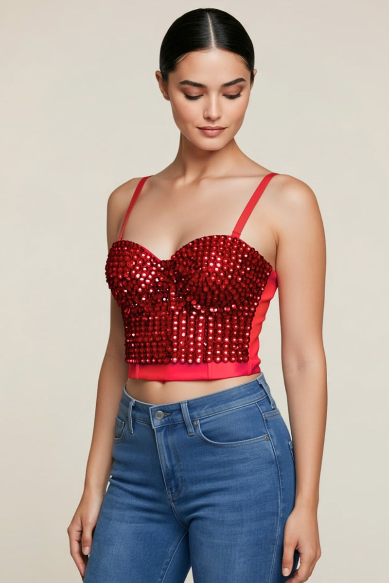 IRIDESCENT GREEN BLACK MERMAID SEQUIN BUSTIER CROP TOP_ D7122