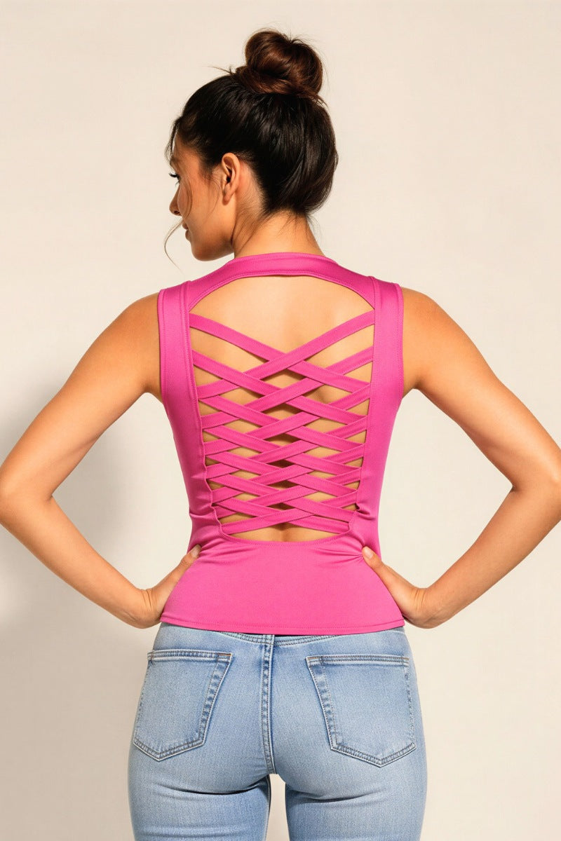 Lace-Up Zip Front Corset Tank with Open Back