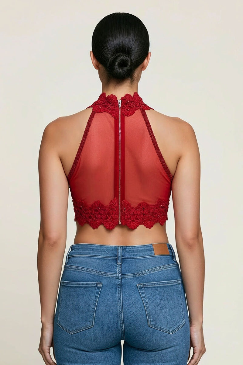MOCK NECK BEADED LACE CROP TOP_D7079