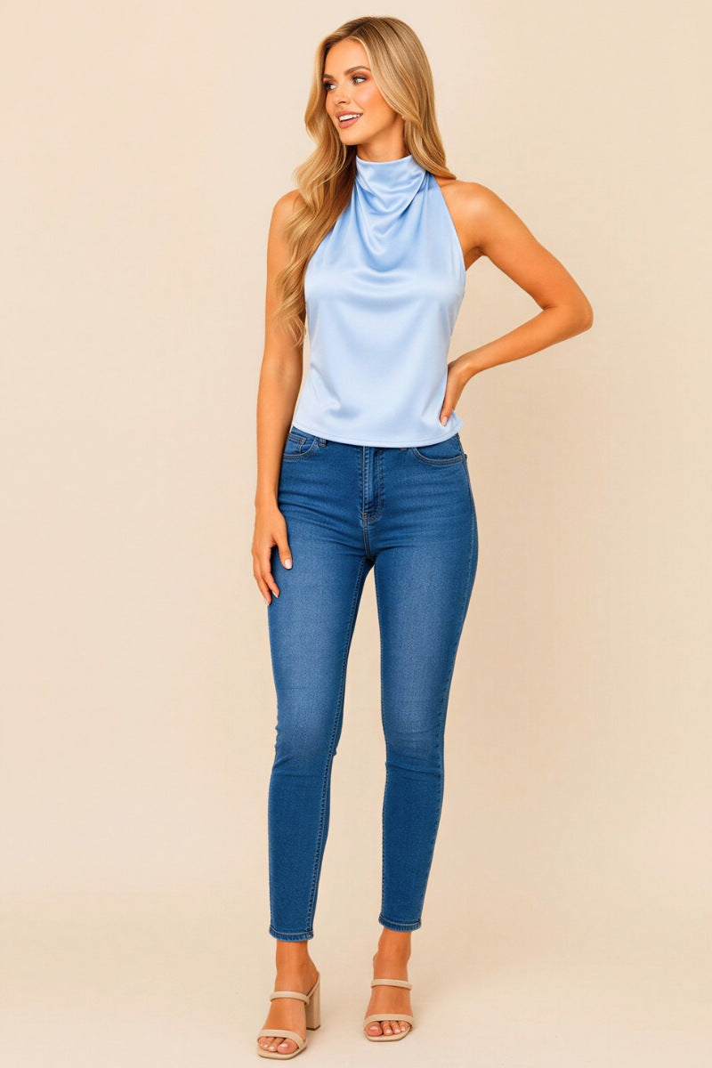Elegant Satin Mock Neck Backless Top