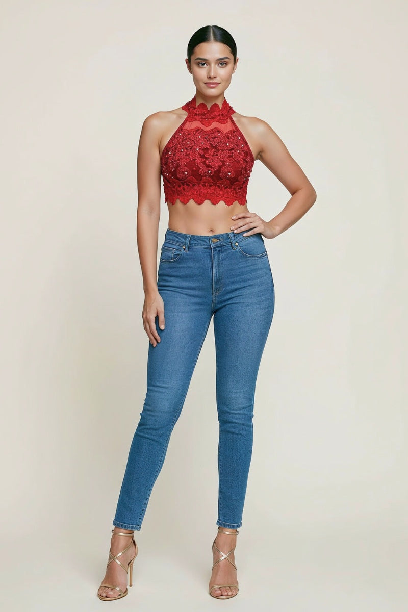MOCK NECK BEADED LACE CROP TOP_D7079