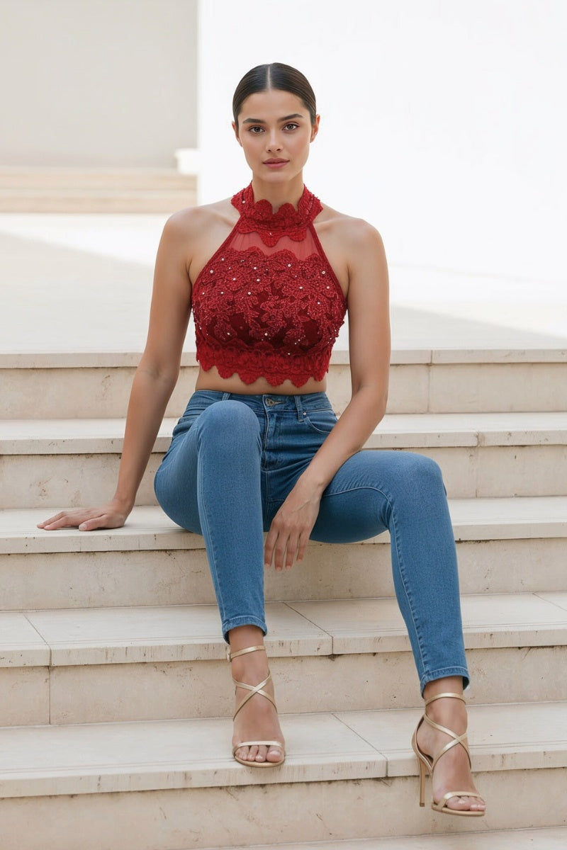 MOCK NECK BEADED LACE CROP TOP_D7079