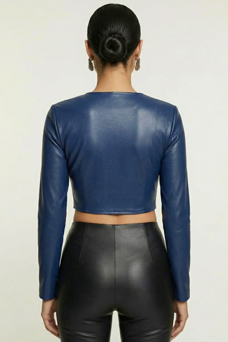 LACE-UP DETAIL ZIP UP LONG SLEEVE CROPPED JACKET