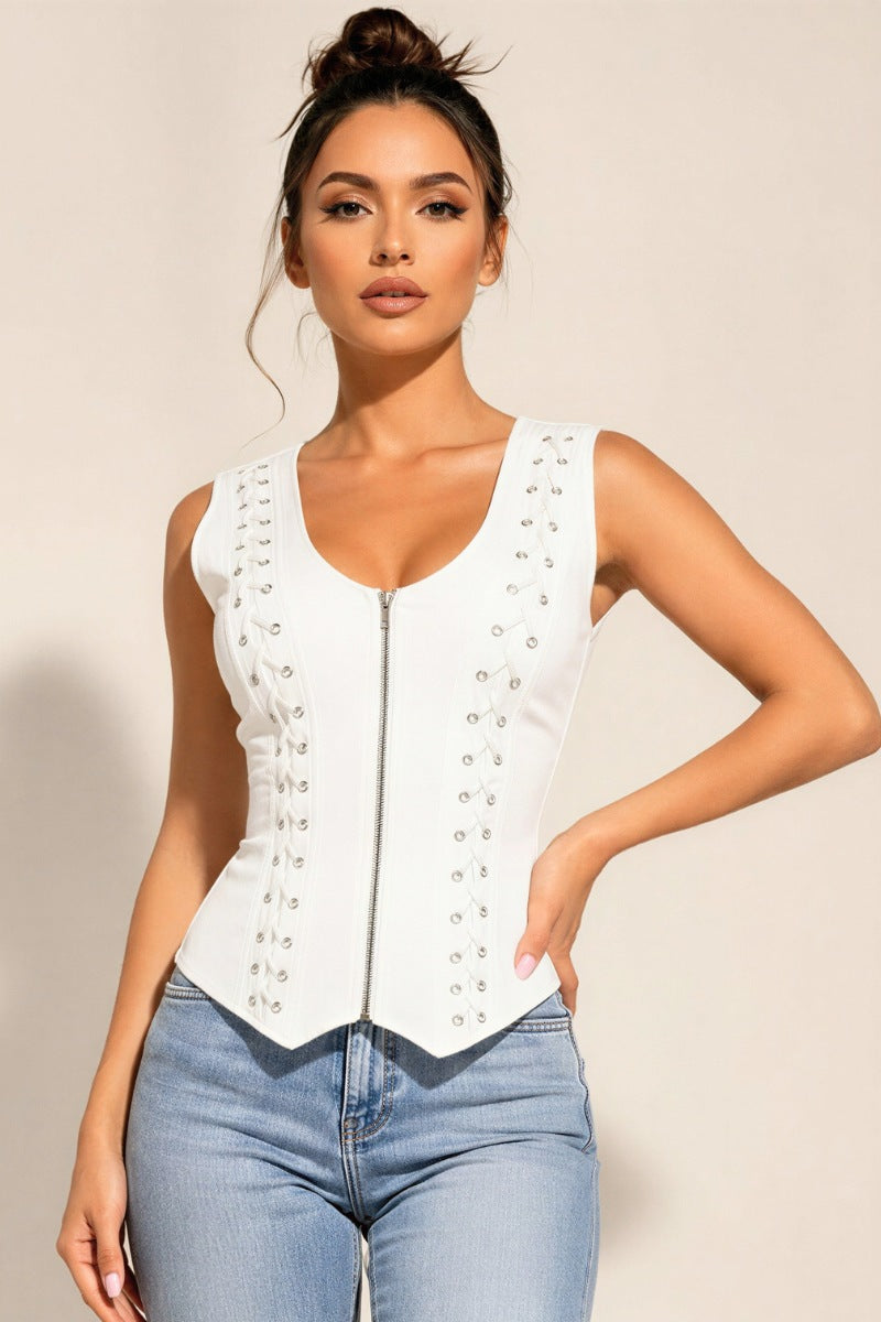 Lace-Up Zip Front Corset Tank with Open Back