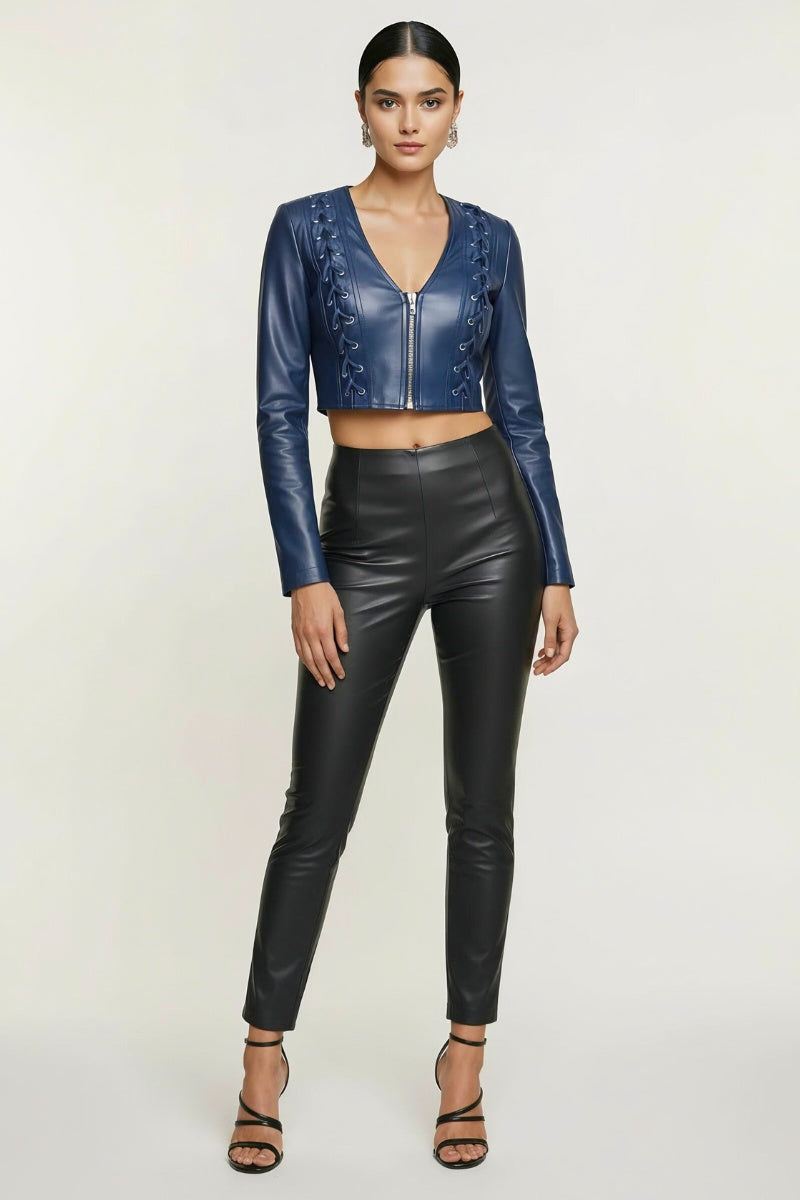 LACE-UP DETAIL ZIP UP LONG SLEEVE CROPPED JACKET