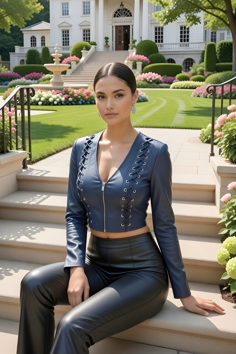 LACE-UP DETAIL ZIP UP LONG SLEEVE CROPPED JACKET