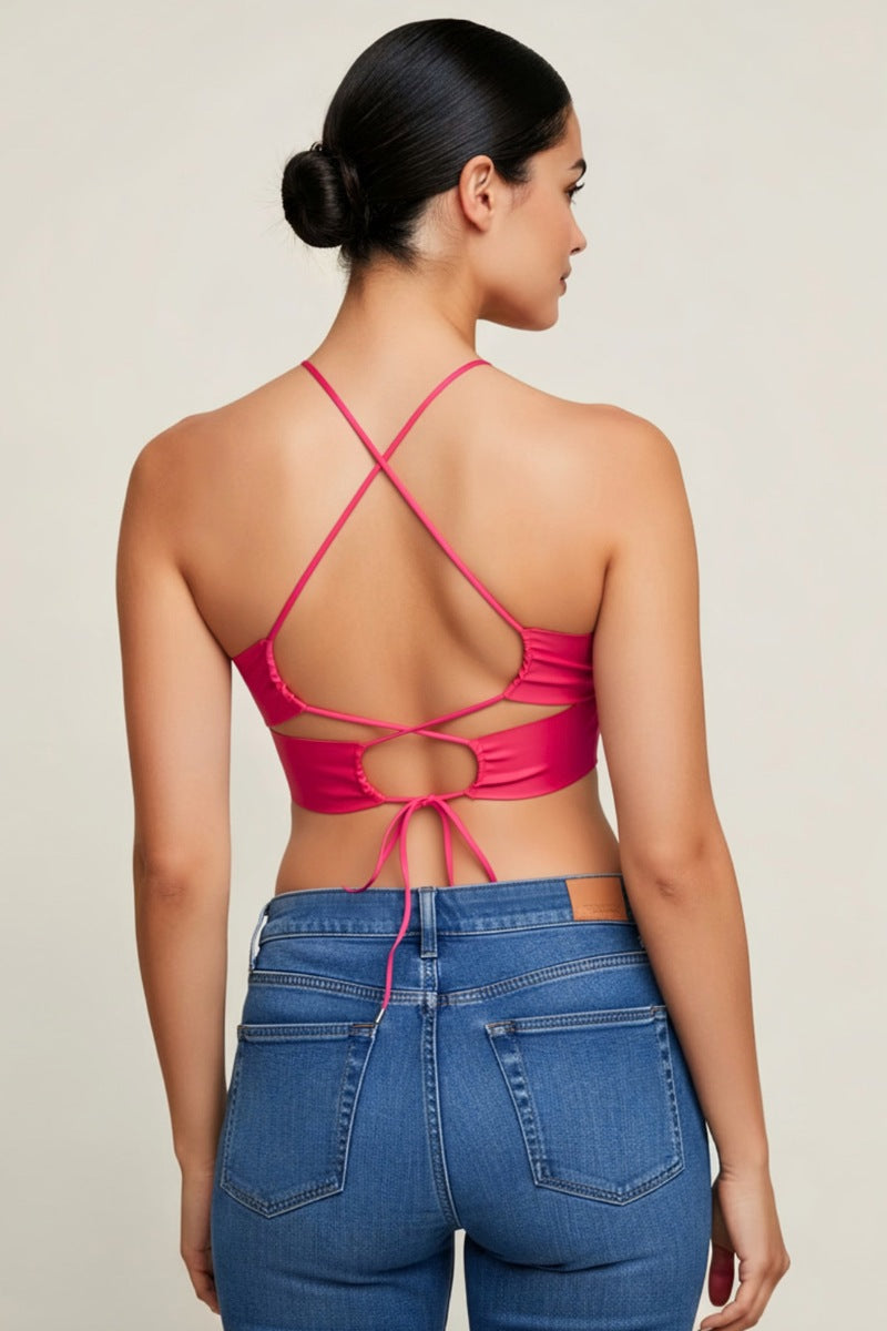 CUTOUT BACK CRISS CROSS SPAGHETTI STRAP CROP CAMI