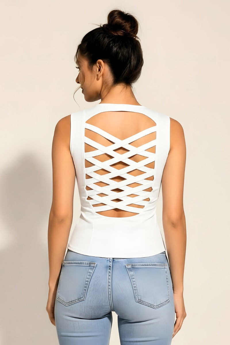 Lace-Up Zip Front Corset Tank with Open Back