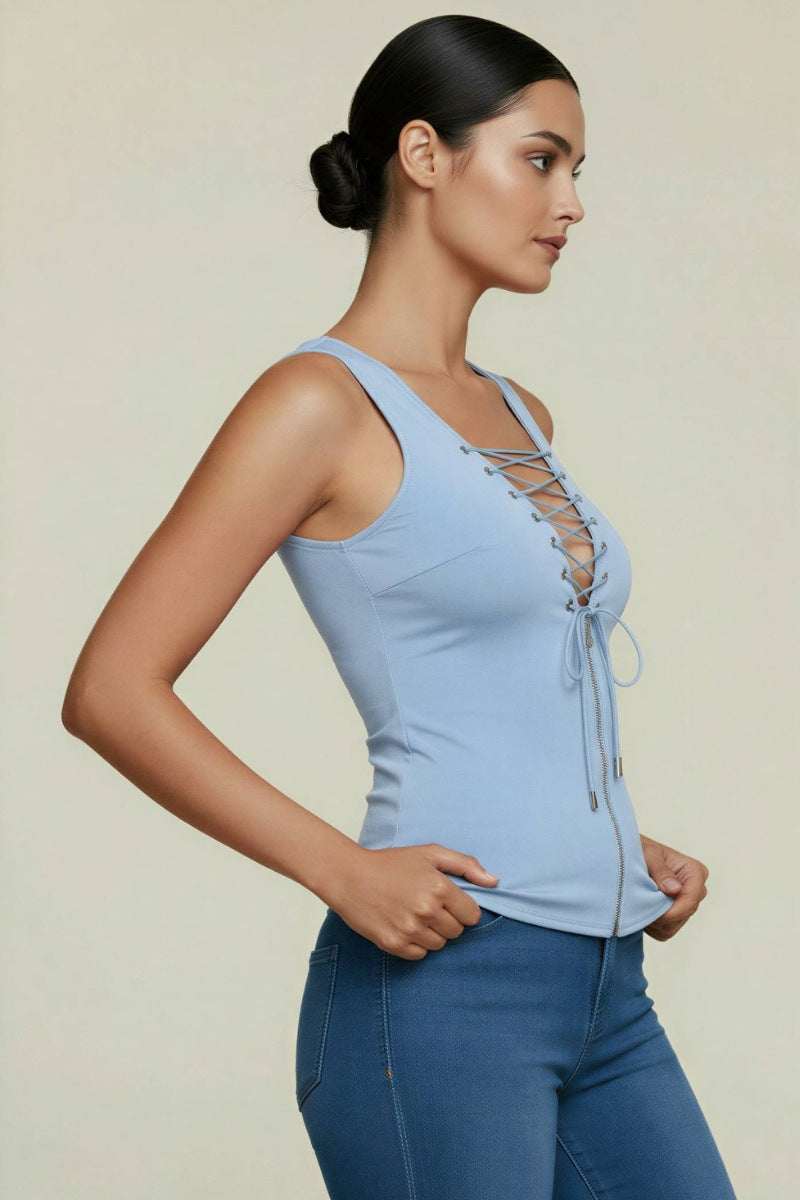 LACE-UP FRONT DETAIL CROSS HATCH BACK TANK TOP