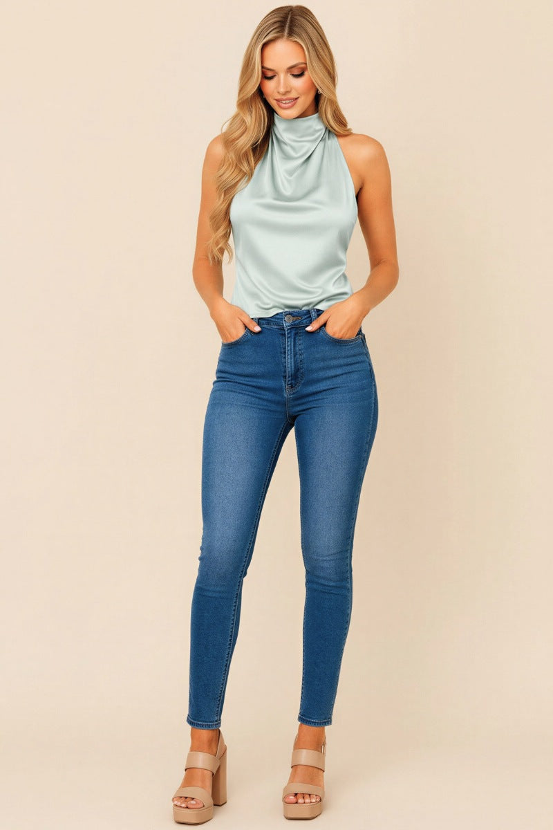 Elegant Satin Mock Neck Backless Top