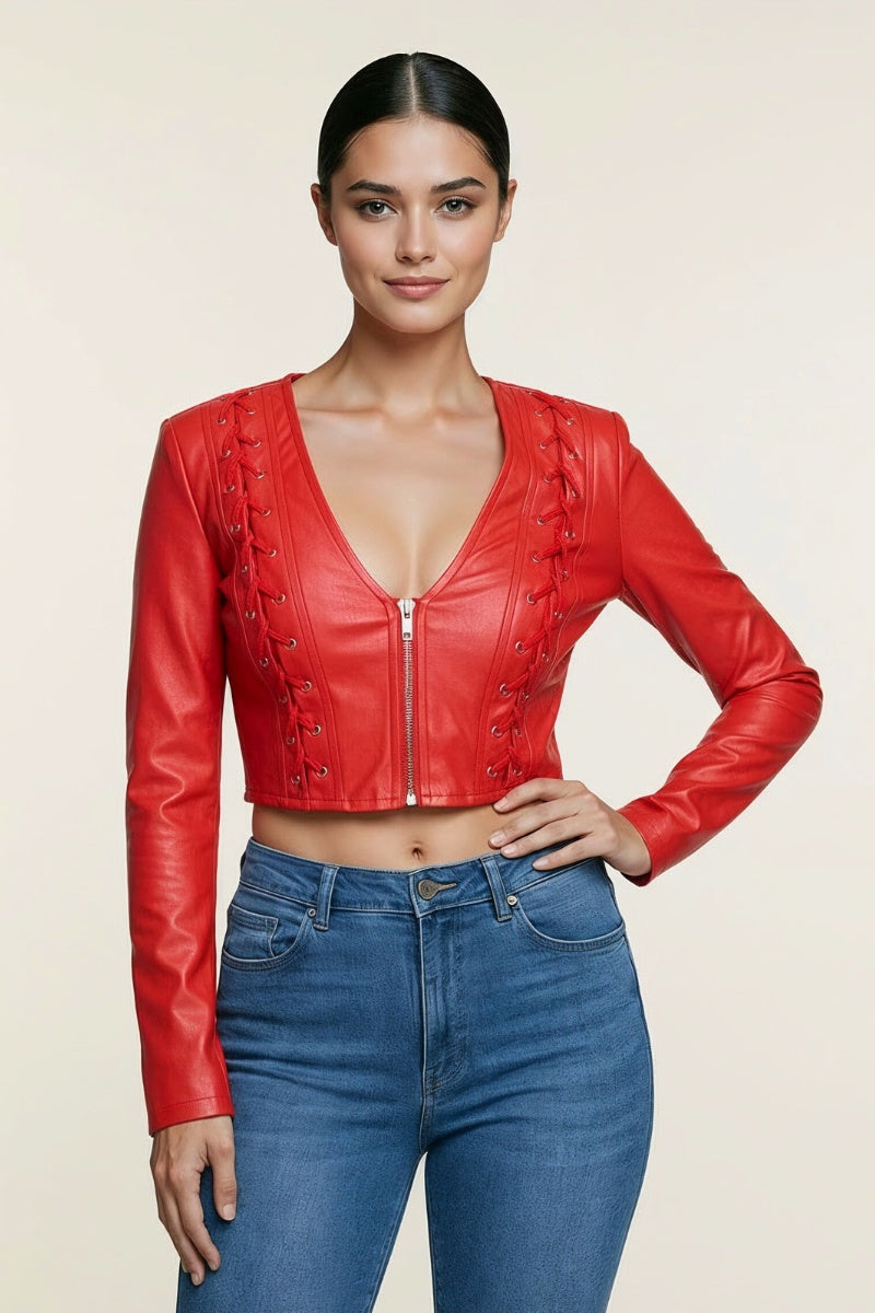 LACE-UP DETAIL ZIP UP LONG SLEEVE CROPPED JACKET