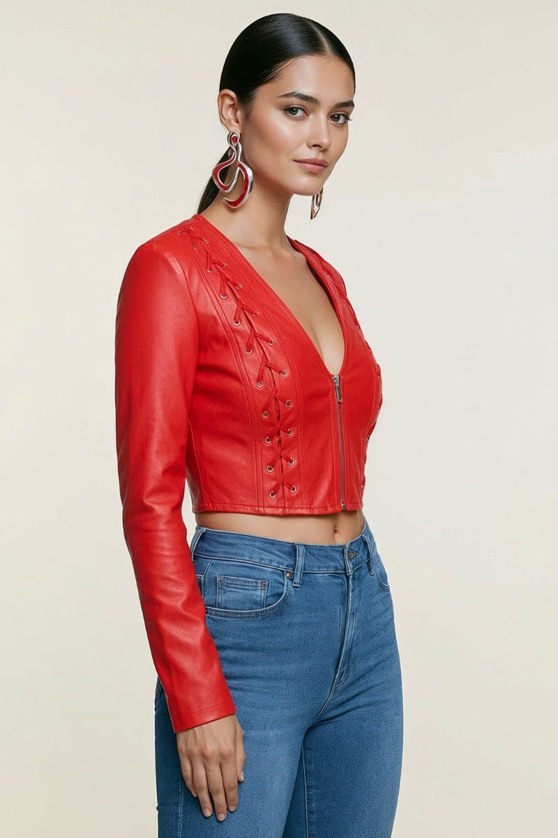 LACE-UP DETAIL ZIP UP LONG SLEEVE CROPPED JACKET