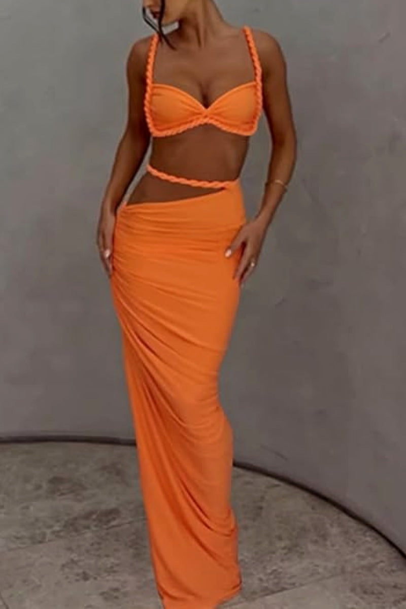 Braided Strap Crop Top & Draped Maxi Skirt Set