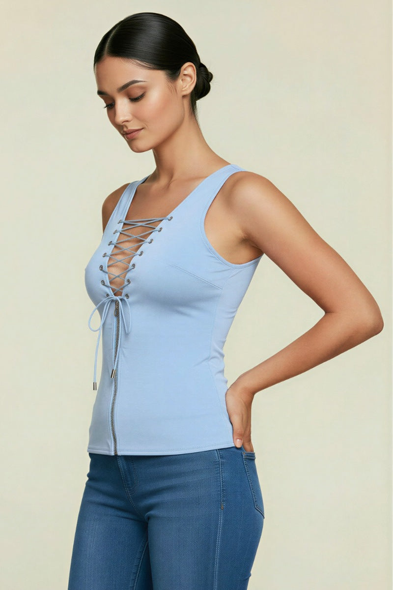 LACE-UP FRONT DETAIL CROSS HATCH BACK TANK TOP