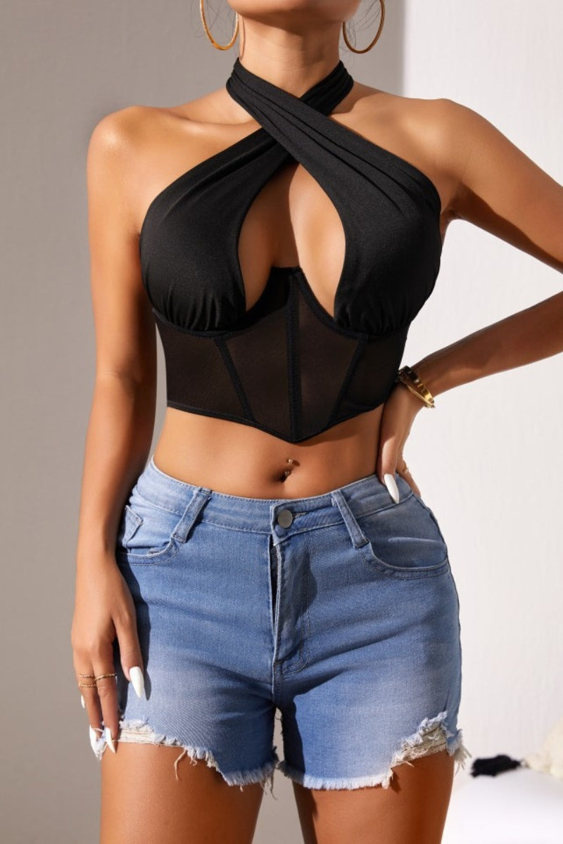 HALTER CRISS CROSS MESH CORSET CROP TOP