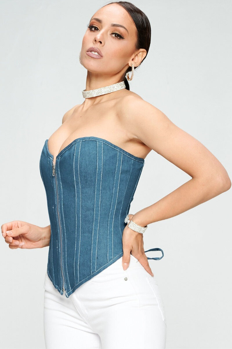 DENIM RIGID ZIP UP FRONT LACE UP CORSET