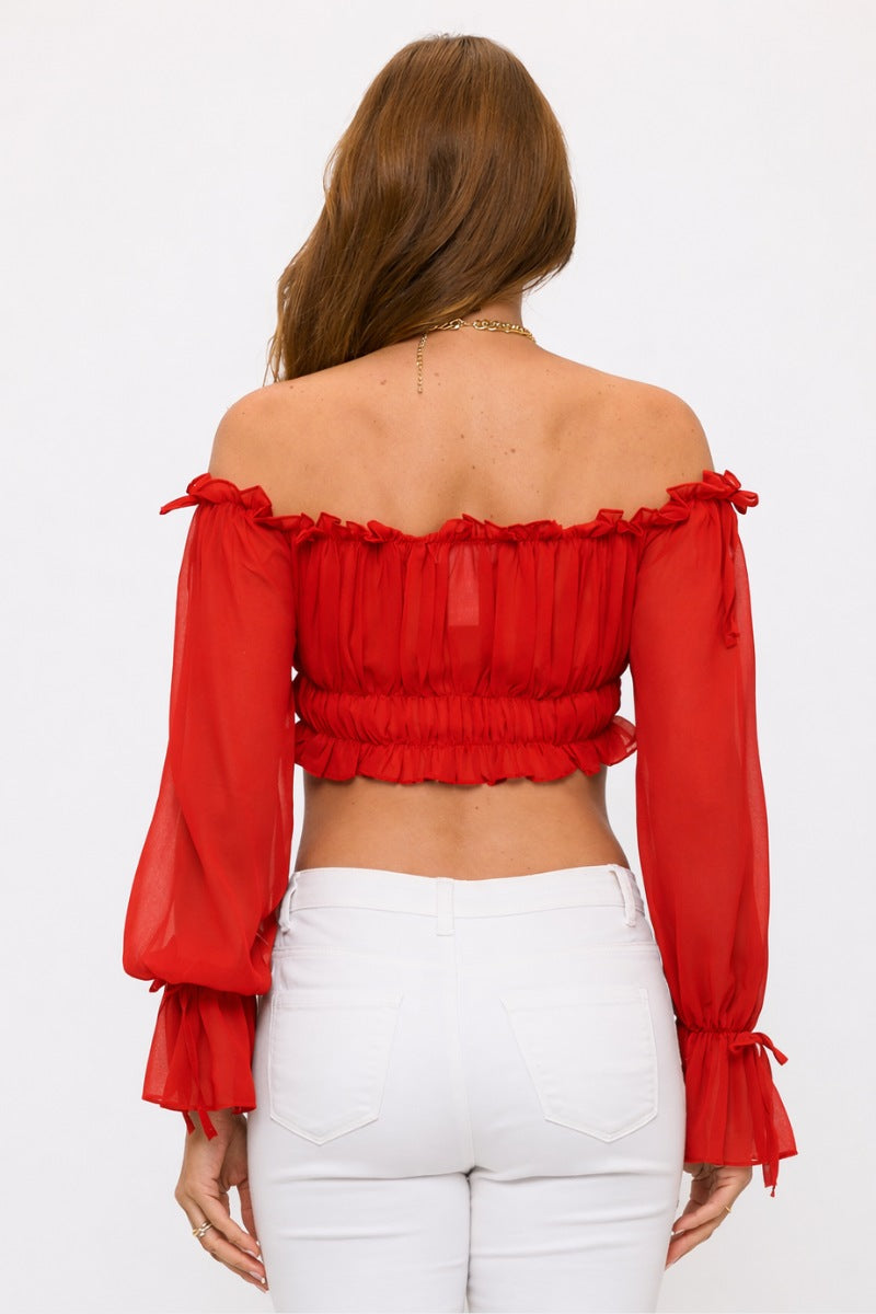 OFF SHOULDER RUFFLE TRIM KNOT SLEEVE CROP TOP