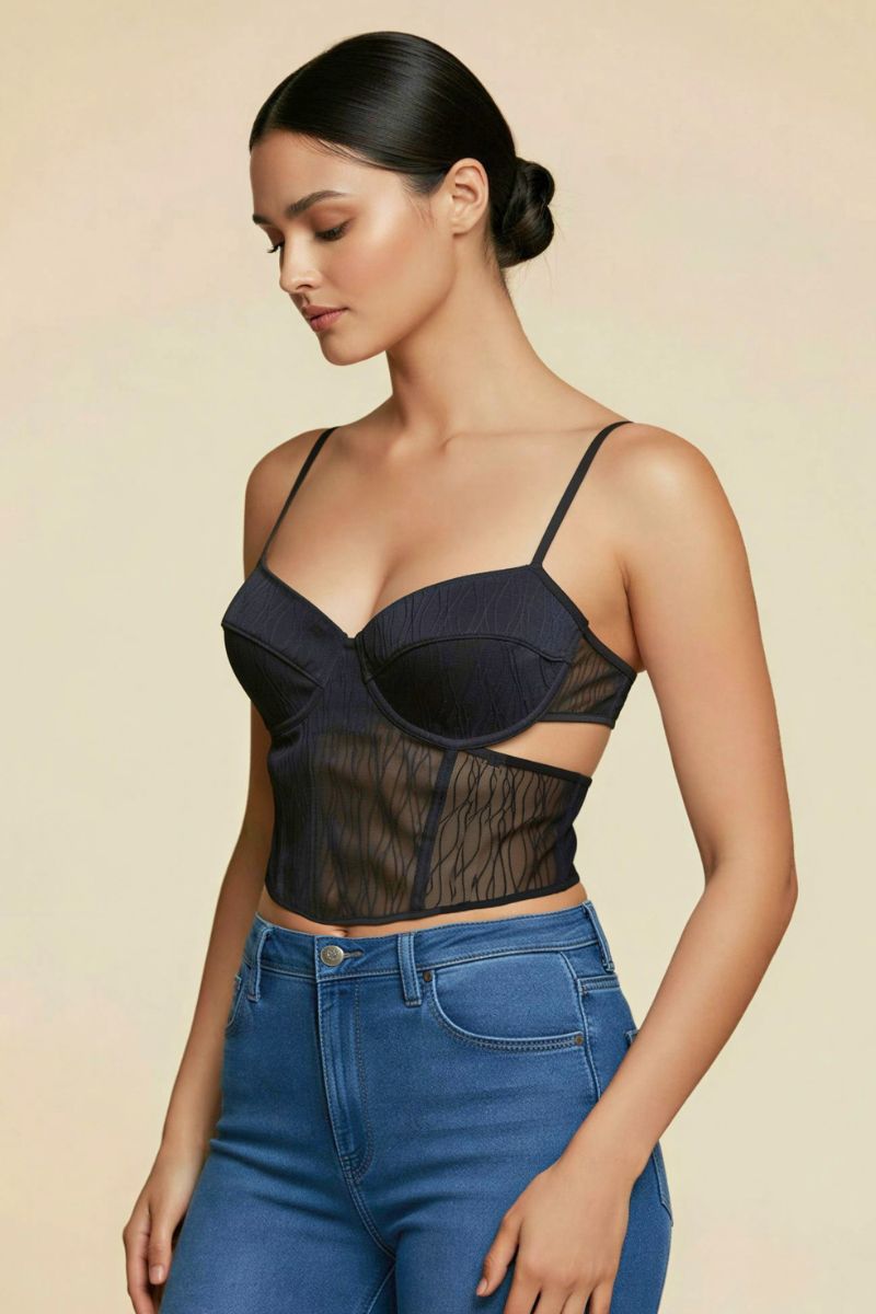 Textured Mesh Open Back Corset Top
