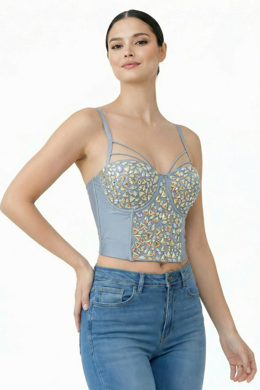 AB RHINESTONE EMBELLISHED CORSET BUSTIER CROP TOP