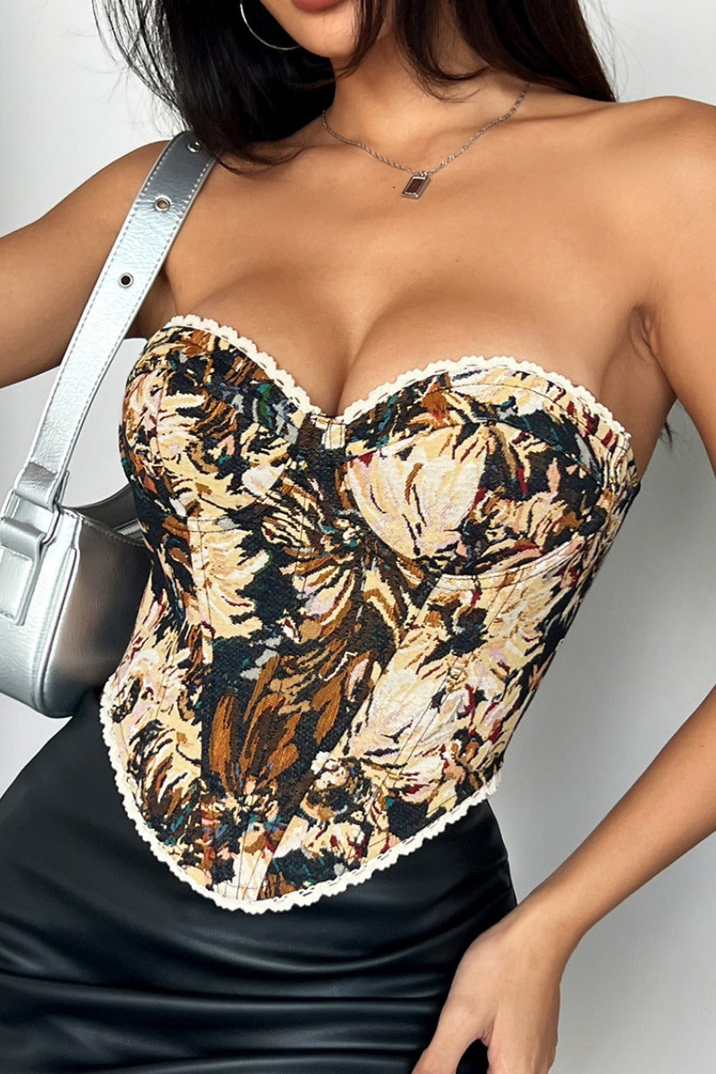 Strapless Floral Jacquard Corset with Lace-Up Back