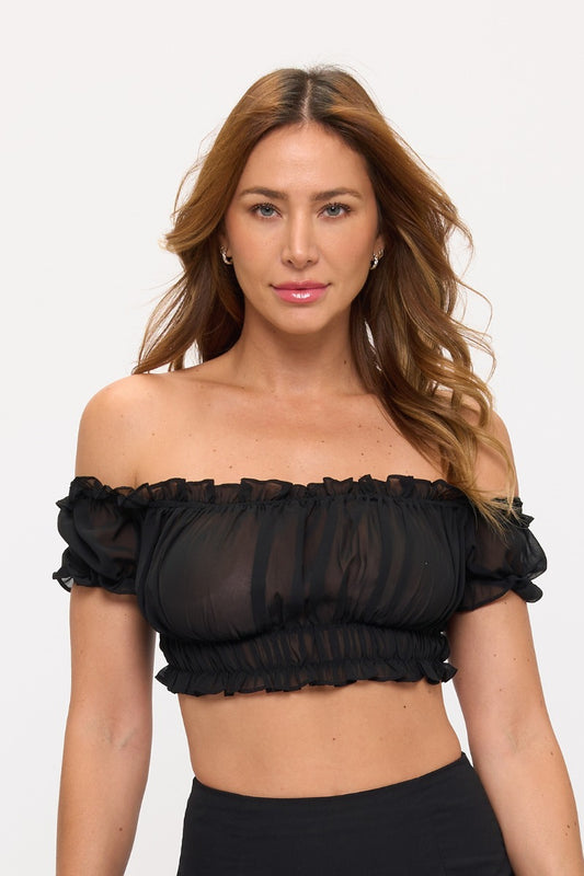 Sheer Ruffled Mesh Off-Shoulder Crop Top