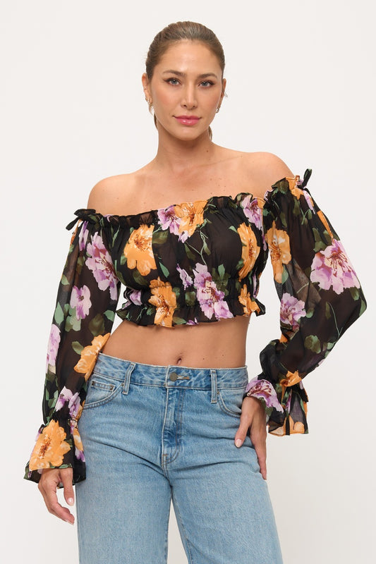 Floral Off Shoulder Ruffle Crop Top