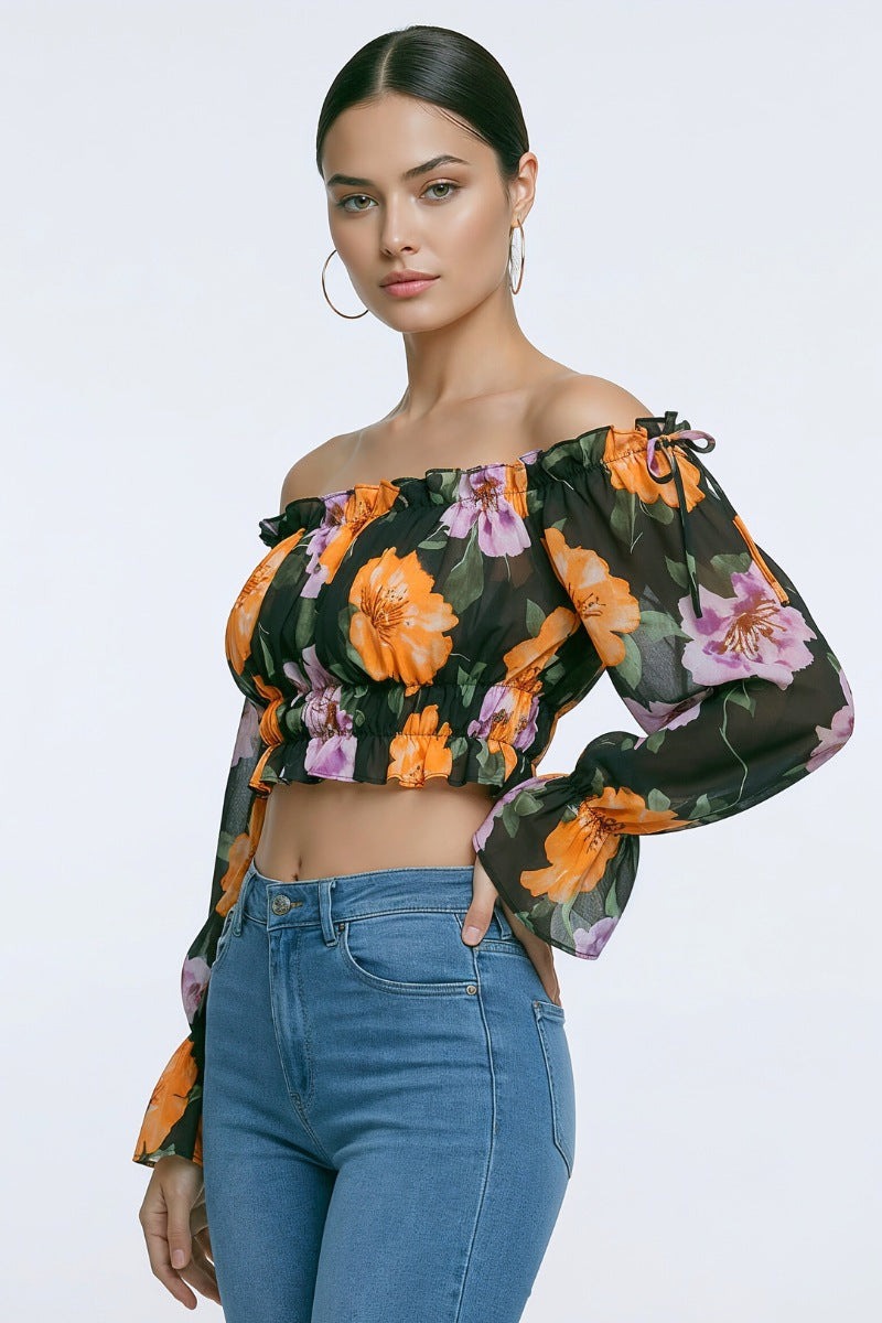 Floral Off Shoulder Ruffle Crop Top