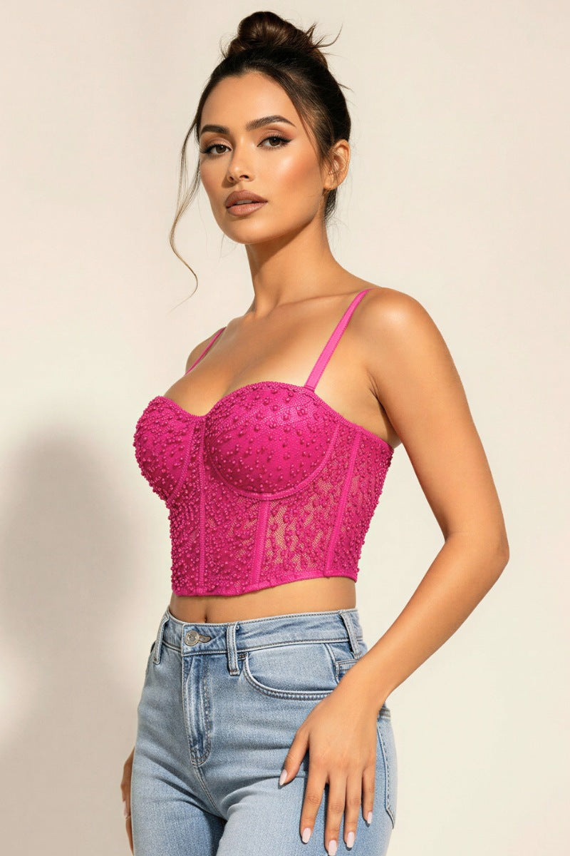 Elegant Lace and Pearl Bustier Sexy Top
